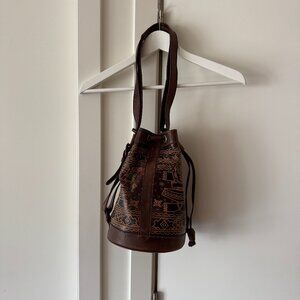 Vintage Leather Bucket Bag With Aztec-Inspired Pattern & Adjustable Strap
